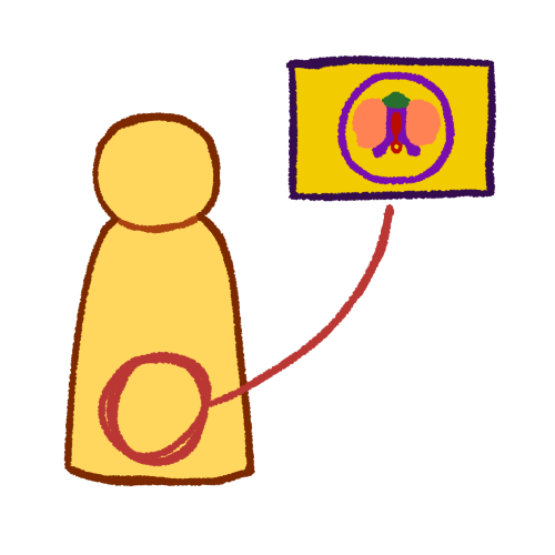 A drawing of a plain emoji yellow person. There is a red circle around their pelvis area with a line leading from the circle to a genitally intersex flag next to them, which is yellow with a symbol inside a purple ring. The symbol is vaguely moth-shaped and resembles the human genital tubercle in early development. It has two pink blobs, a green blob at the top, a purple middle, and a red exclamation point-like shape inside the purple.